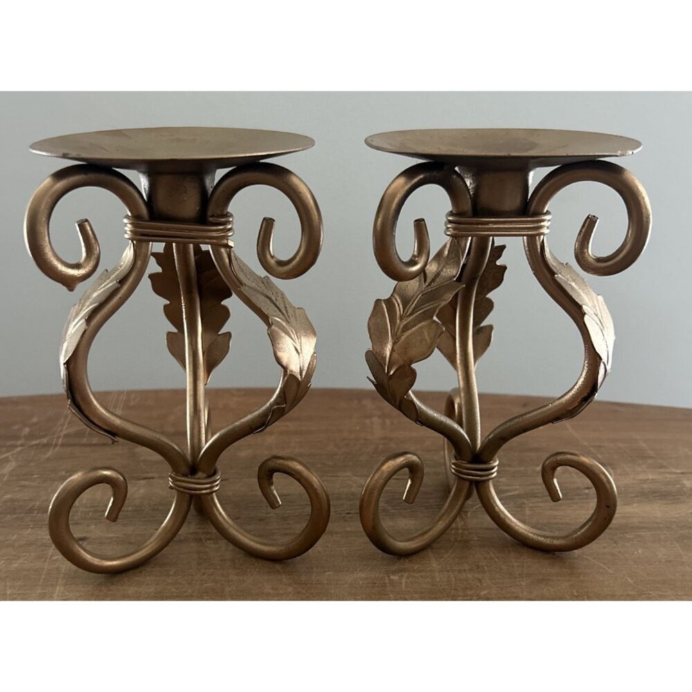 Vintage Pair of Gold Painted Tole Metal Taper Pillar Candle Holders Scroll Leaf